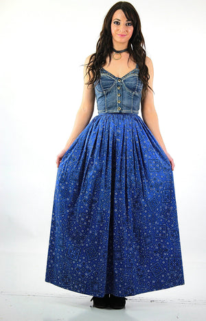 Vintage 70s boho hippie Bandana blue maxi skirt - shabbybabe
 - 2