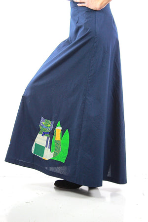 Patchwork maxi skirt Vintage 1970s navy blue boho Festival appliqu̩ cat animal skirt Full floral retro Medium - shabbybabe
 - 3