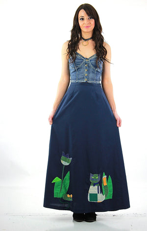 Patchwork maxi skirt Vintage 1970s navy blue boho Festival appliqu̩ cat animal skirt Full floral retro Medium - shabbybabe
 - 5
