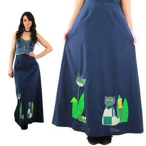 Patchwork maxi skirt Vintage 1970s navy blue boho Festival appliqu̩ cat animal skirt Full floral retro Medium - shabbybabe
 - 1