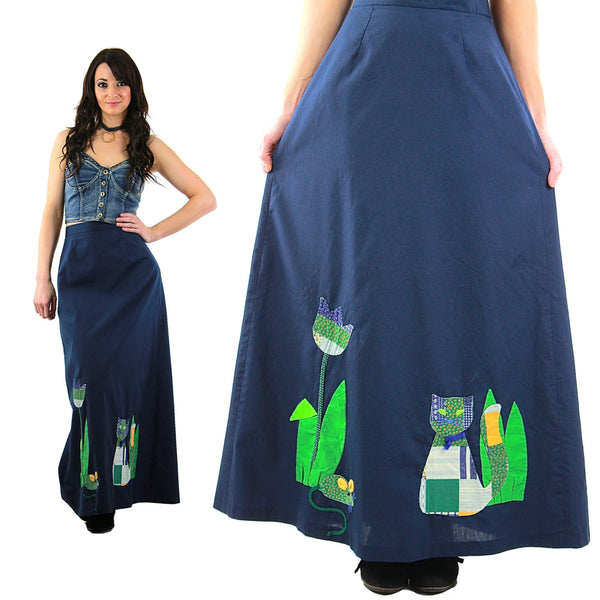 Patchwork maxi skirt Vintage 1970s navy blue boho Festival appliqu̩ cat animal skirt Full floral retro Medium - shabbybabe
 - 1