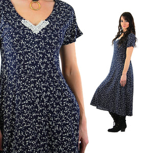 Grunge Floral Midi Dress Vintage 1990s Navy blue ditsy short sleeve scoop neck boho Hippie sundress Medium - shabbybabe
 - 1