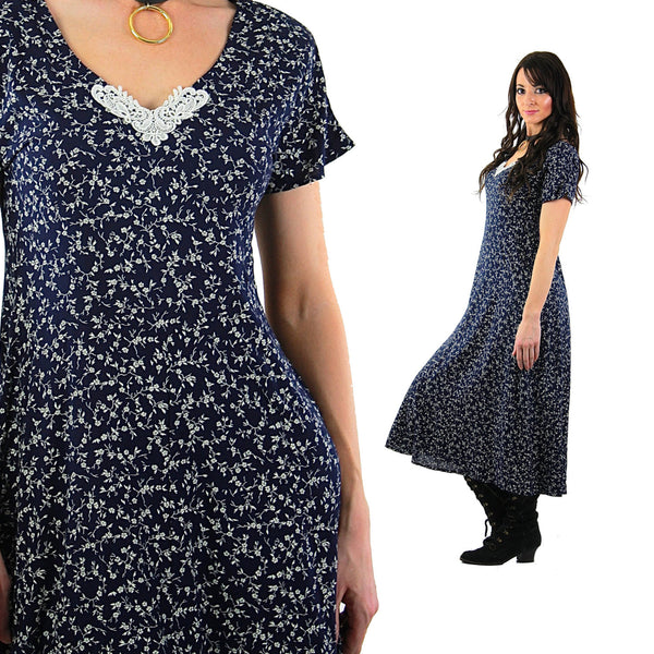 Grunge Floral Midi Dress Vintage 1990s Navy blue ditsy short sleeve scoop neck boho Hippie sundress Medium - shabbybabe
 - 1