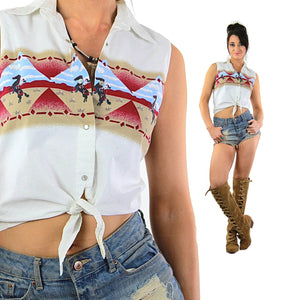 Graphic shirt Vintage 1980s animal shirt Southwestern boho horse print Country Button down tie front top Medium - shabbybabe
 - 1