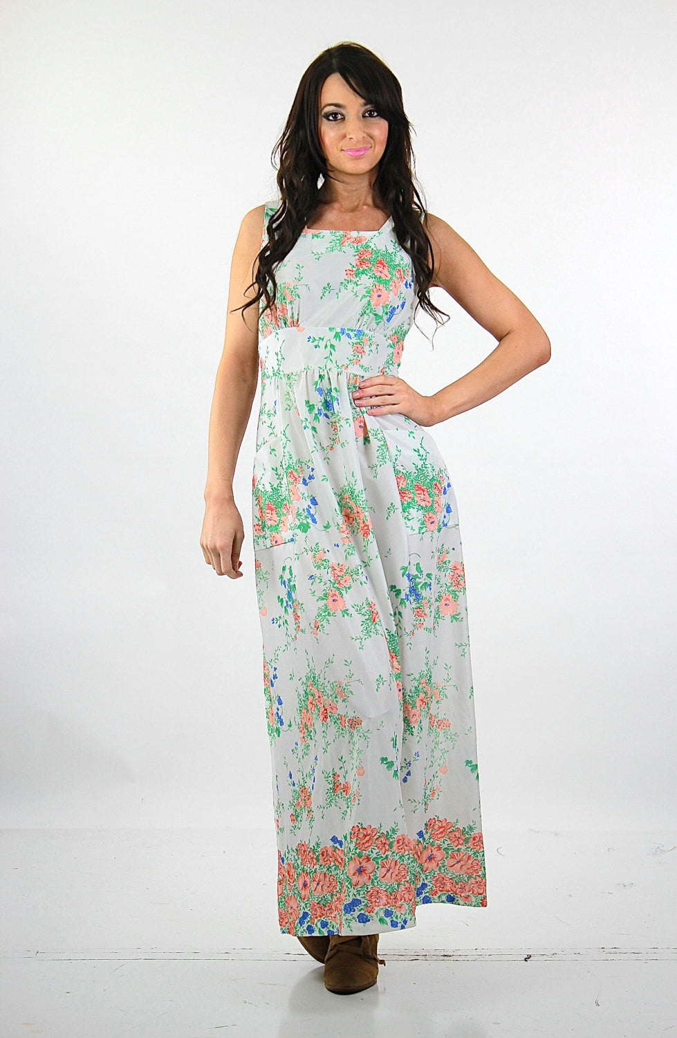 Authentic vintage 70s white floral maxi dress sleeveless boho garden party M - shabbybabe Authentic vintage 70s white floral maxi dress sleeveless boho garden party M - shabbybabe