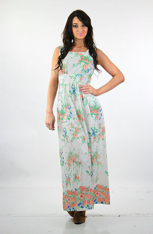 Prairie Maxi Dress High waisted sleeveless Vintage 1970s Boho Bridal Hippie festival long abstract Garden Party Medium - shabbybabe
 - 2