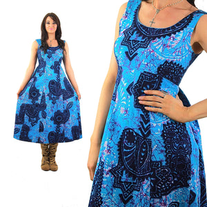 Tribal Maxi Dress Blue Vintage 70s boho Hippie Festival High waisted sleeveless scoop neck Abstract Navy Ethnic Open back Medium - shabbybabe
 - 2