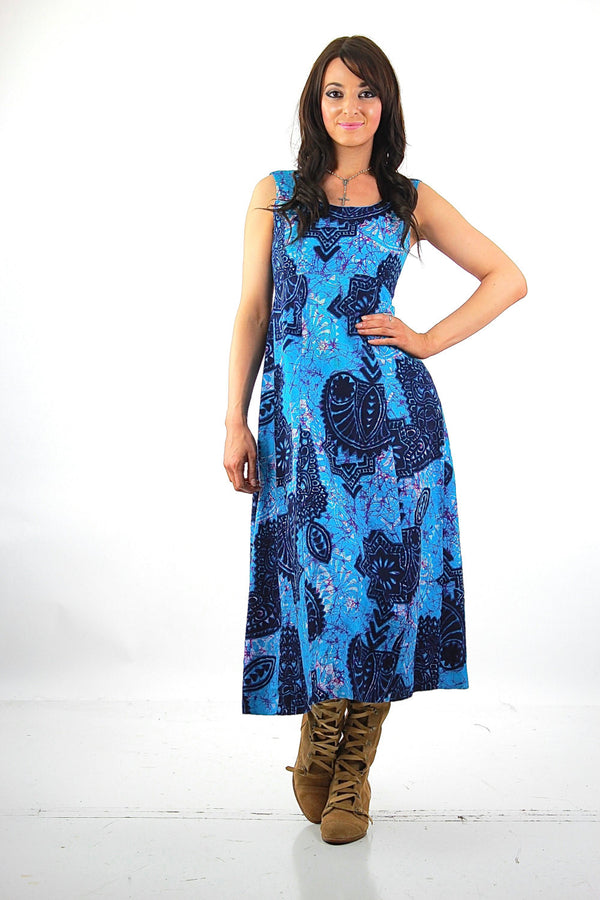 Tribal Maxi Dress Blue Vintage 70s boho Hippie Festival High waisted sleeveless scoop neck Abstract Navy Ethnic Open back Medium - shabbybabe
 - 1