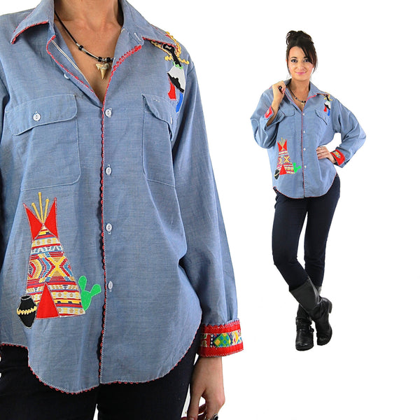 Southwestern boho Chambray Patchwork appliqué  art shirt - shabbybabe
 - 1