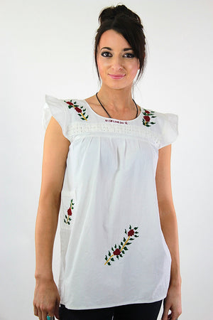 Embroidered tunic top Vintage 1970s white sleeveless babydoll shirt Hippie Bohemian Festival slouchy Size 10 - shabbybabe
 - 3