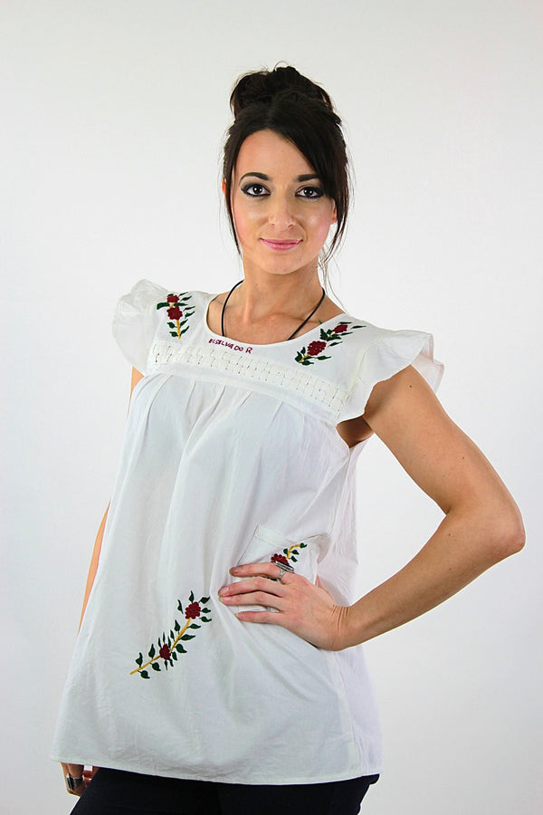 Embroidered tunic top Vintage 1970s white sleeveless babydoll shirt Hippie Bohemian Festival slouchy Size 10 - shabbybabe
 - 1