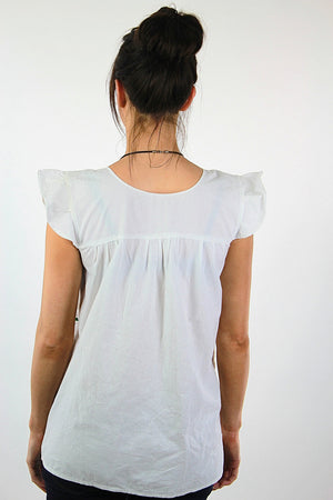Embroidered tunic top Vintage 1970s white sleeveless babydoll shirt Hippie Bohemian Festival slouchy Size 10 - shabbybabe
 - 4