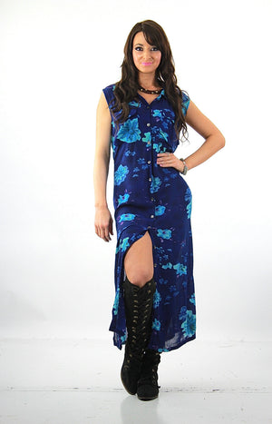 Grunge Blue tropical floral Dress sleeveless Button down Plus size - shabbybabe
 - 1