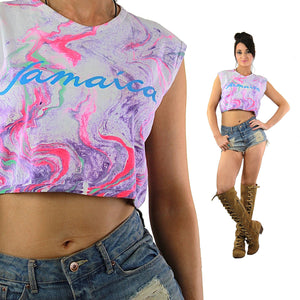 Jamaica shirt Vintage 1980s Pink Purple ombre tank top Abstract Tie Dye neon sleeveless graphic cropped tee Large - shabbybabe
 - 1