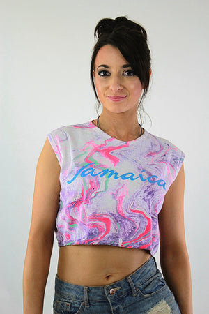 Jamaica shirt Vintage 1980s Pink Purple ombre tank top Abstract Tie Dye neon sleeveless graphic cropped tee Large - shabbybabe
 - 2