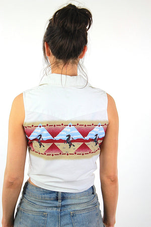Graphic shirt Vintage 1980s animal shirt Southwestern boho horse print Country Button down tie front top Medium - shabbybabe
 - 4