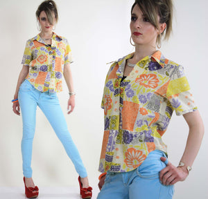 Vintage 60s top blouse button down neon patchwork - shabbybabe
 - 2