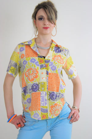 Vintage 60s top blouse button down neon patchwork - shabbybabe
 - 1