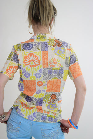 Vintage 60s top blouse button down neon patchwork - shabbybabe
 - 3