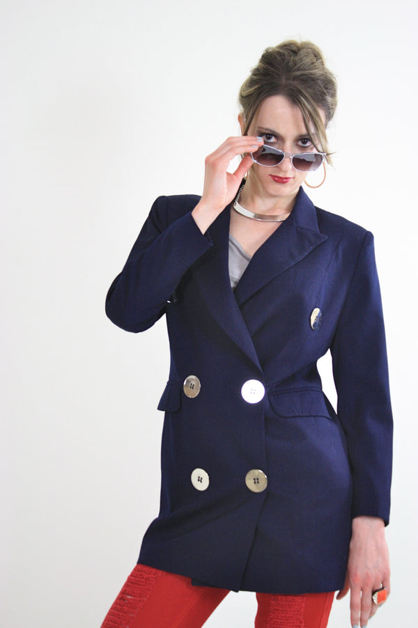 80s double breasted jacket blazer metal buttons navy blue - shabbybabe
 - 1