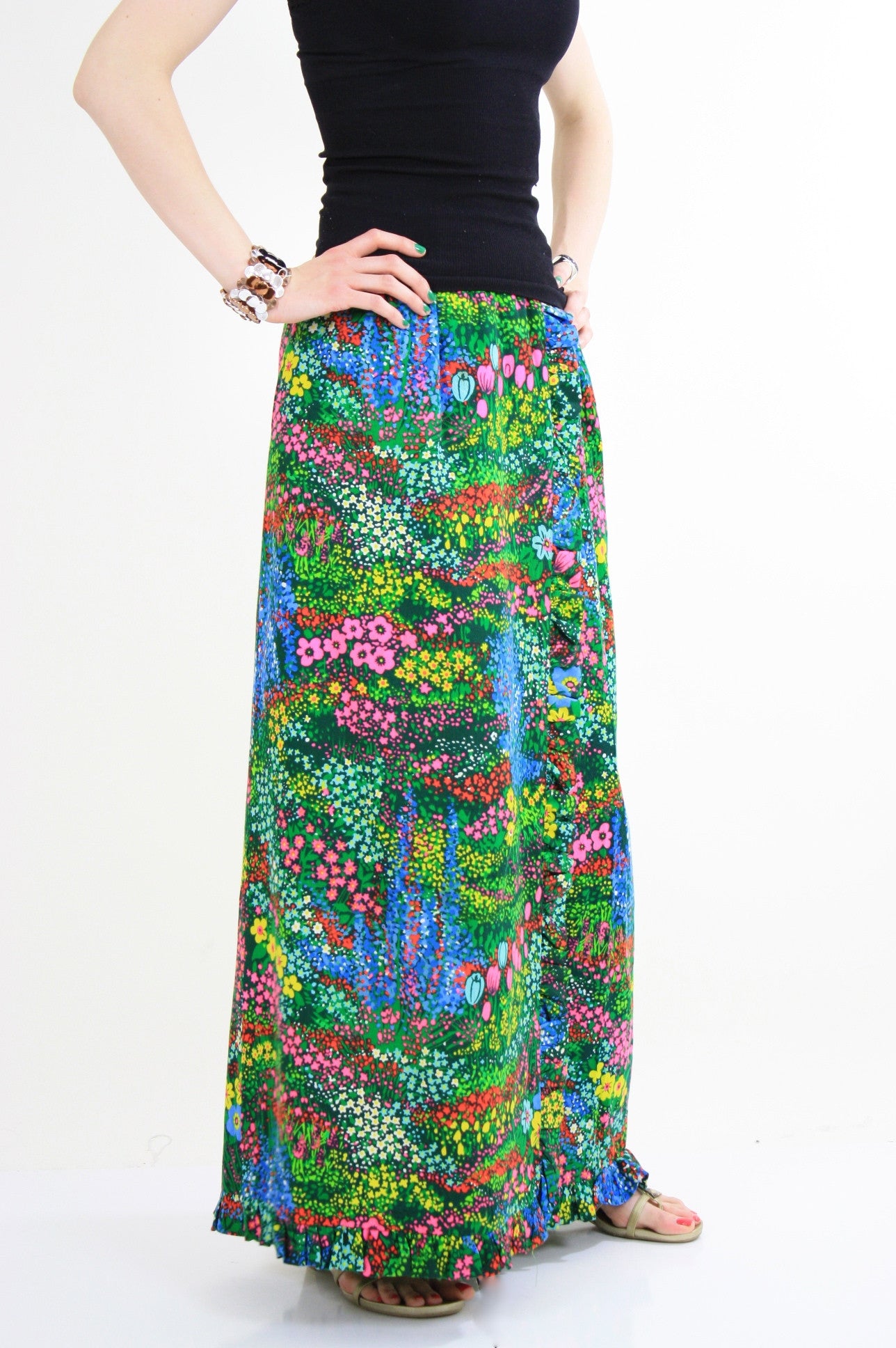 Vintage 60s boho Hippie wrap maxi skirt neon floral shabbybabe