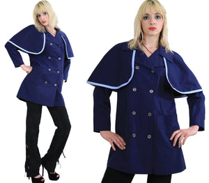 Vintage 60s Mod Navy Blue Double Breasted Capelet Coat - shabbybabe
 - 5