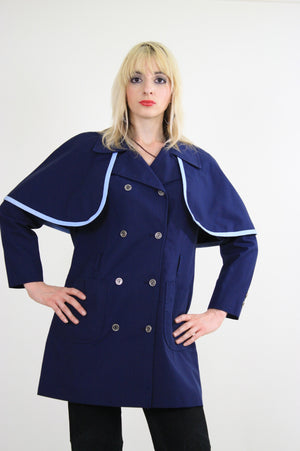 Vintage 60s Mod Navy Blue Double Breasted Capelet Coat - shabbybabe
 - 3