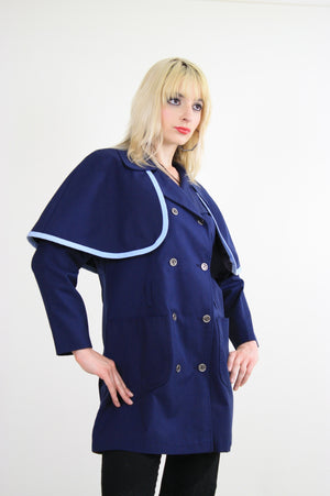 Vintage 60s Mod Navy Blue Double Breasted Capelet Coat - shabbybabe
 - 2