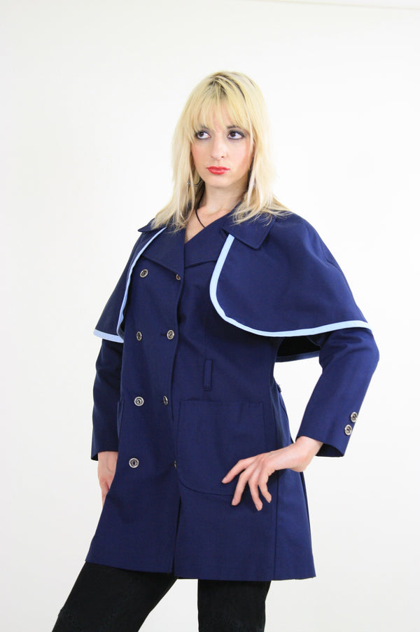 Vintage 60s Mod Navy Blue Double Breasted Capelet Coat - shabbybabe
 - 1
