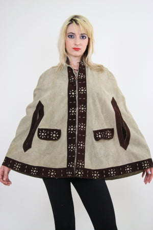 Vintage 60s Hippie Boho Brown Suede Leather Cape - shabbybabe
 - 1