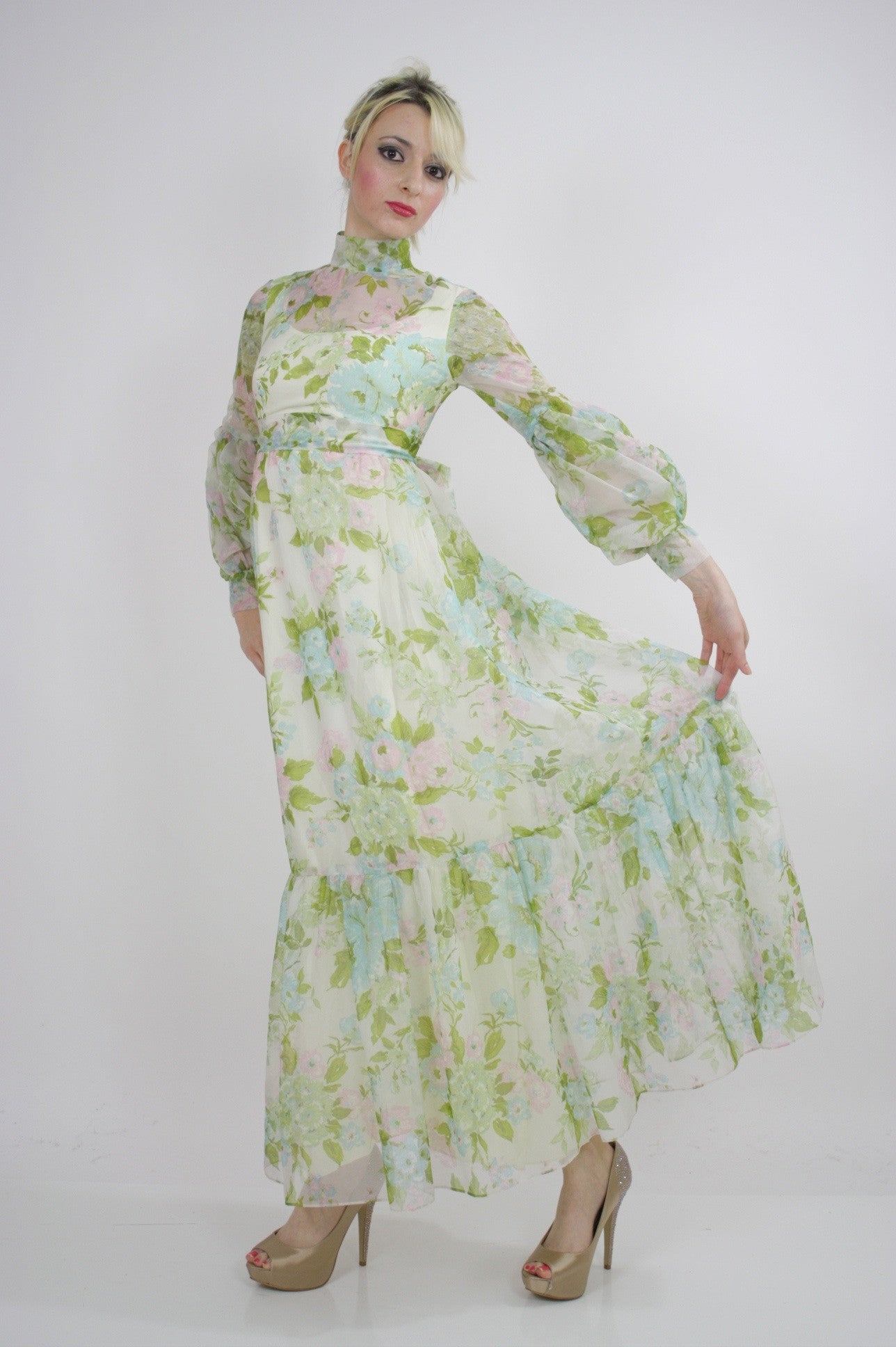 Authentic vintage 70s boho hippie sheer pastel floral maxi dress S - shabbybabe Authentic vintage 70s boho hippie sheer pastel floral maxi dress S - shabbybabe