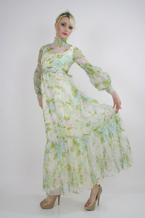 Vintage 70s Sheer Pastel Floral Boho Maxi Dress - shabbybabe
 - 1