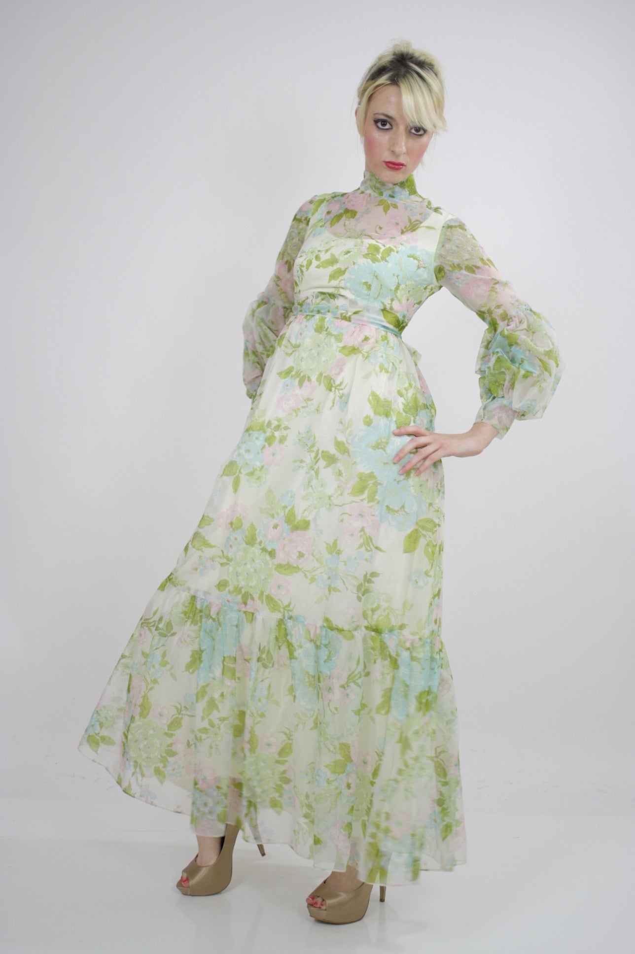 Authentic vintage 70s boho hippie sheer pastel floral maxi dress S Authentic vintage 70s boho hippie sheer pastel floral maxi dress S