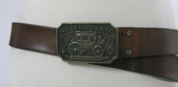 Vintage 70s leather belt Well Fargo Buckle 1973 FF581 - shabbybabe
 - 1