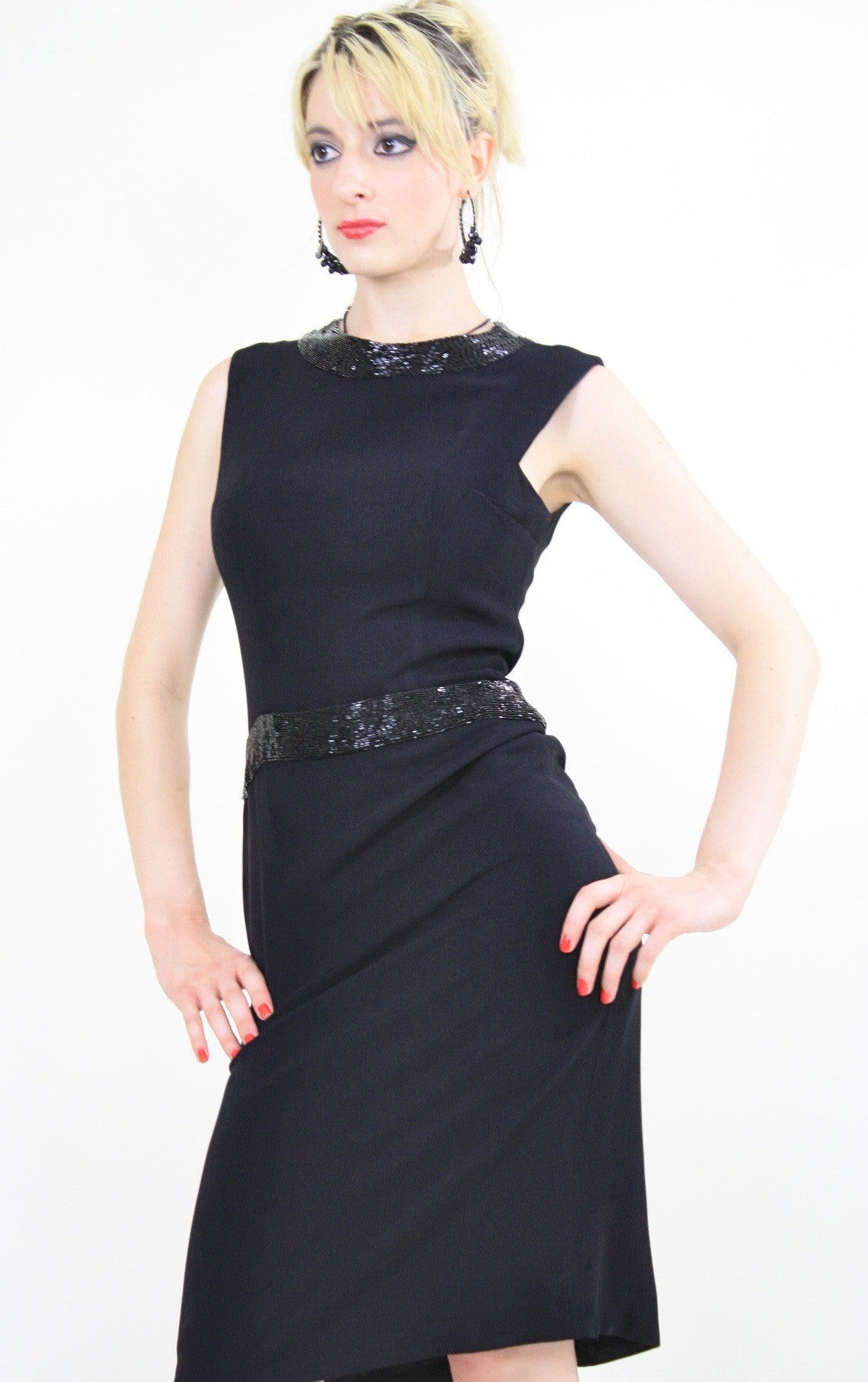 Genuine vintage 60s 1960s black beaded cocktail party sheath dress -  shabbybabe