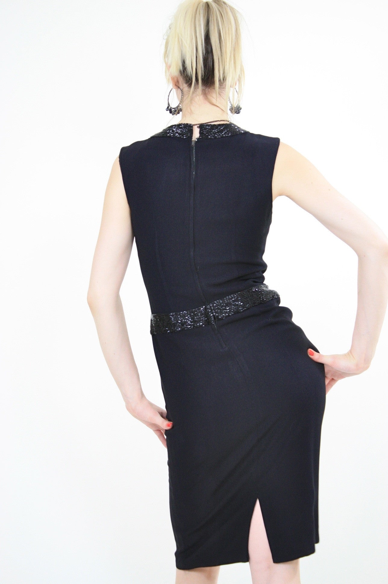 Genuine vintage 60s 1960s black beaded cocktail party sheath dress - shabbybabe Genuine vintage 60s 1960s black beaded cocktail party sheath dress - shabbybabe
