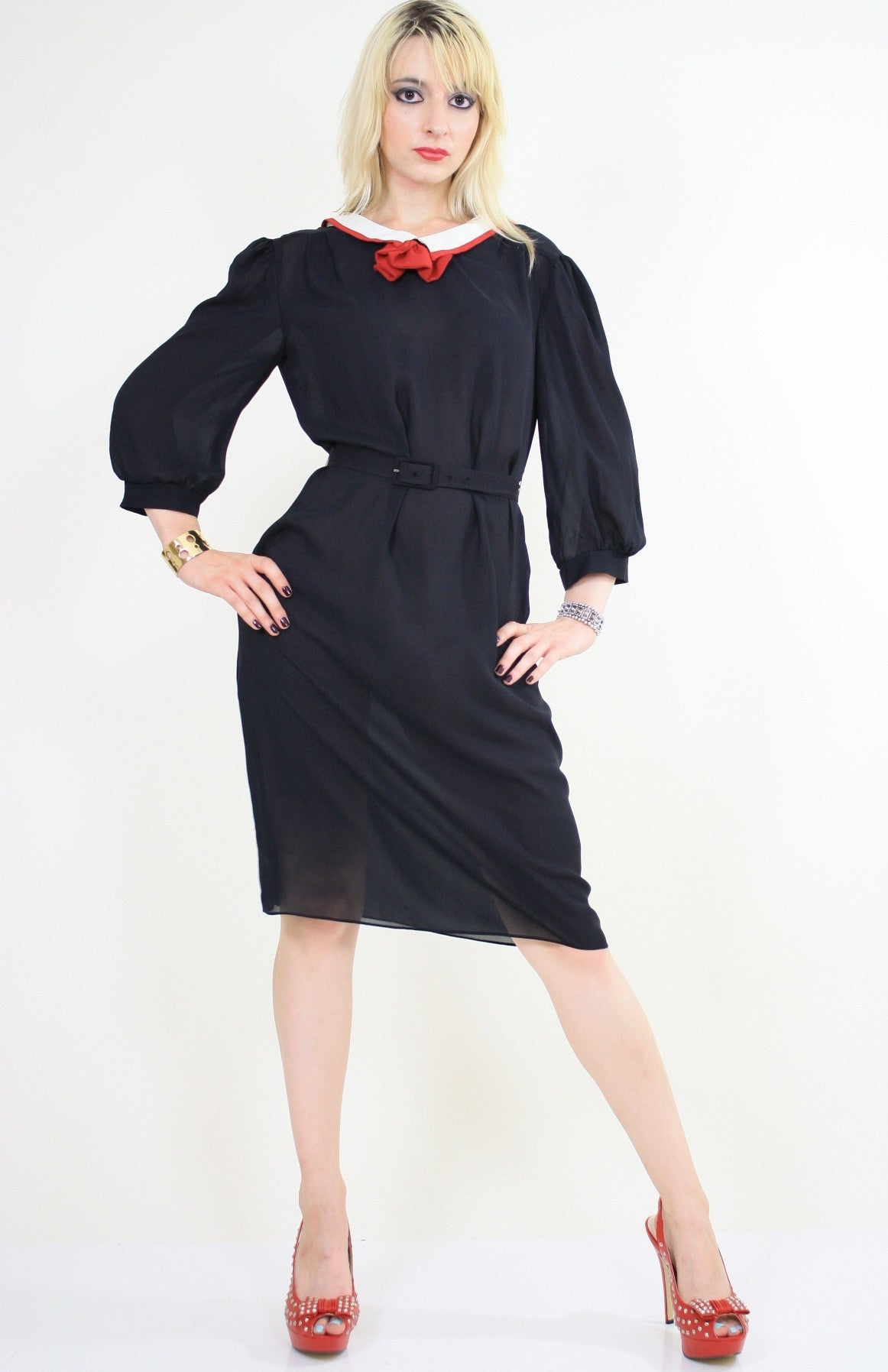 Authentic vintage 70s 1970s sheer Black bow tie secretary dress Authentic vintage 70s 1970s sheer Black bow tie secretary dress
