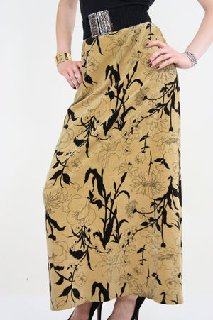Vintage 70s Boho cotton velvet tan floral maxi skirt - shabbybabe
 - 1