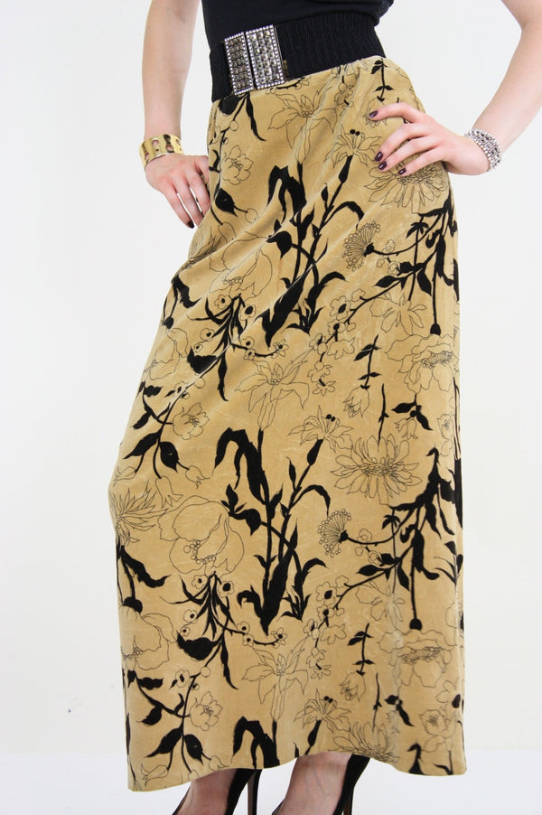 Vintage 70s Boho cotton velvet tan floral maxi skirt - shabbybabe
 - 1