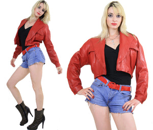 Vintage 80s cropped red leather moto jacket - shabbybabe
 - 2