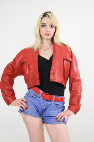Vintage 80s cropped red leather moto jacket - shabbybabe
 - 4