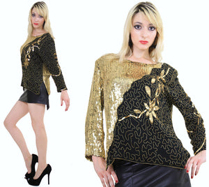 80s beaded metallic sequin top floral design sheer silk - shabbybabe
 - 2