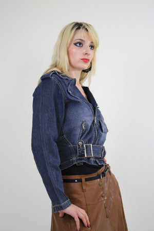 Vintage 90s Denim Crop Moto Motorcycle jacket - shabbybabe
 - 3