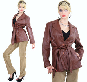 Vintage 70s Brown Leather belted jacket blazer - shabbybabe
 - 2