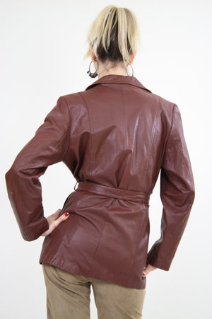 Vintage 70s Brown Leather belted jacket blazer - shabbybabe
 - 4