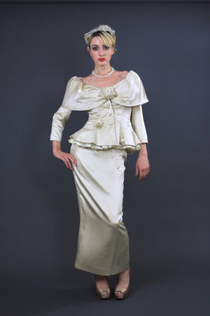 60s silk bridal off shoulder wiggle wedding dress - shabbybabe - 1