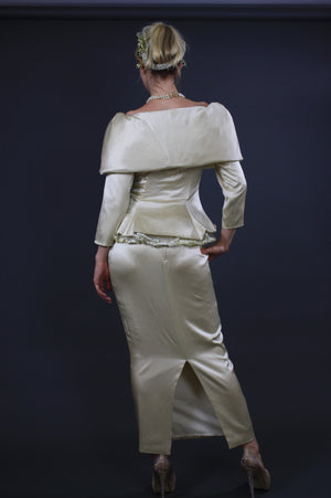 60s silk bridal off shoulder wiggle wedding dress - shabbybabe
 - 3