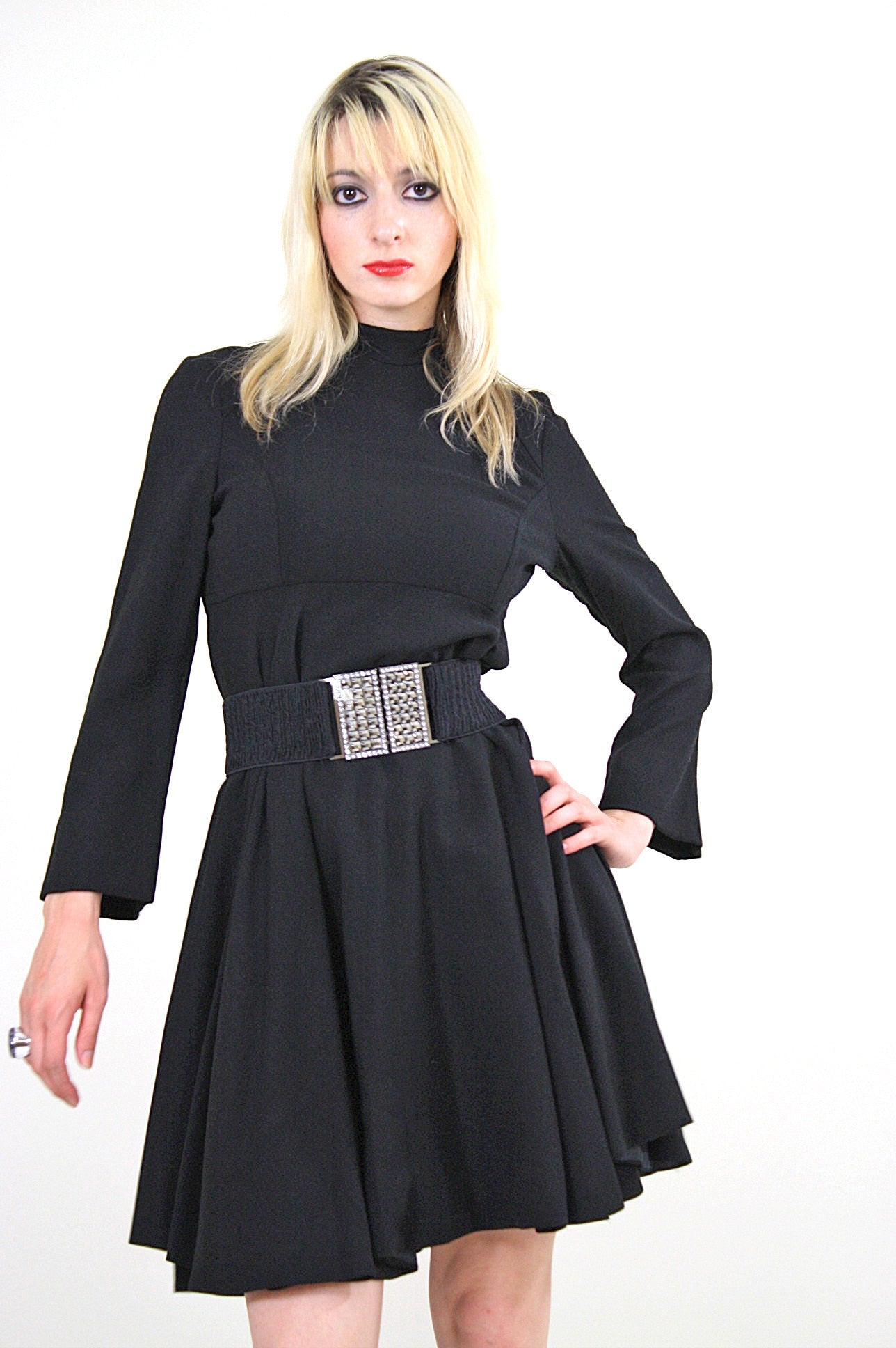 Authentic vintage 70s Boho black bell sleeve mod mini dress - shabbybabe Authentic vintage 70s Boho black bell sleeve mod mini dress - shabbybabe