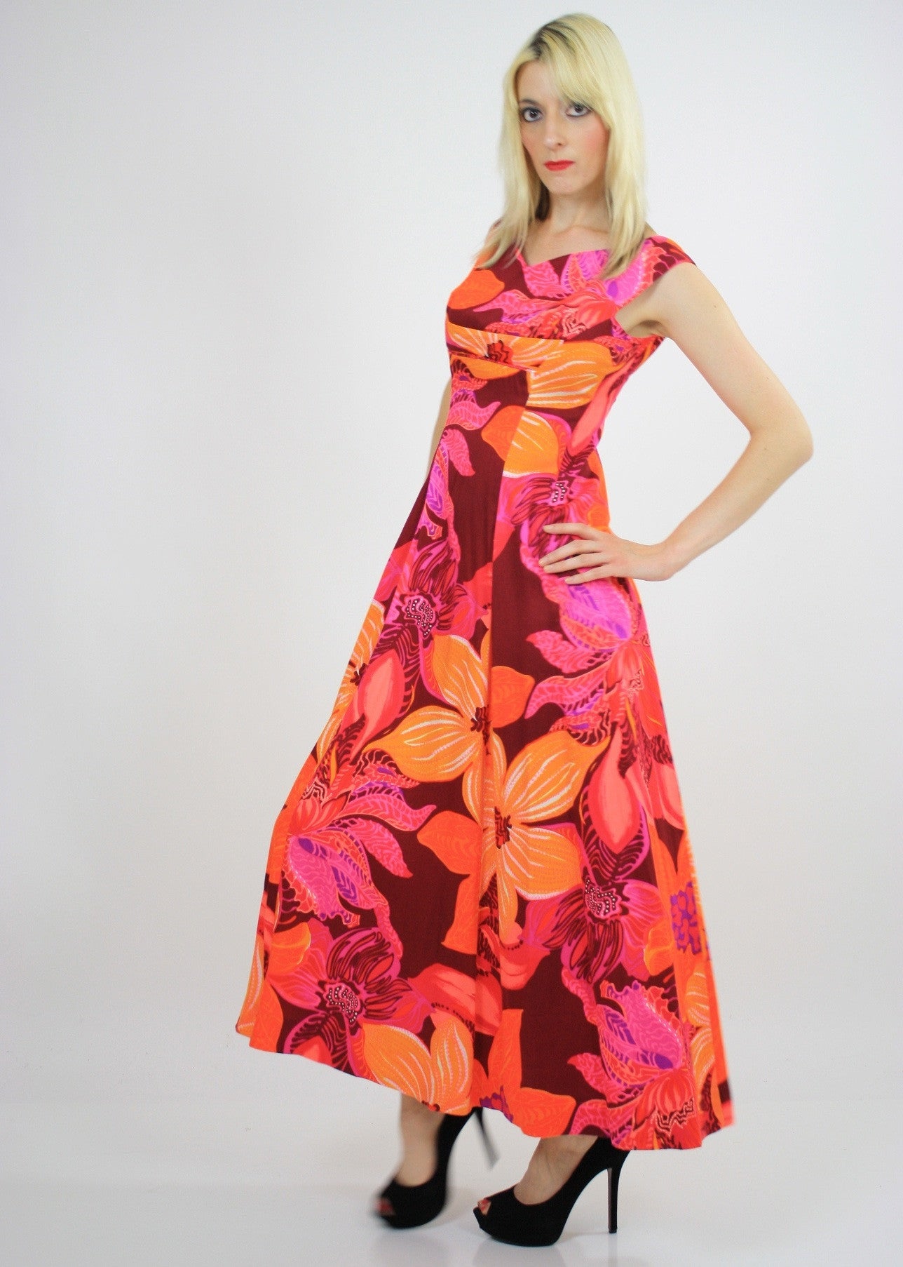 tent dress 60s Genuine true vintage 60s 70s neon floral Hawaiian tent dress M