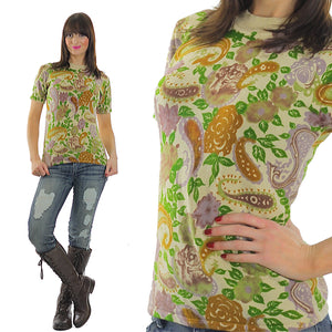 70s Boho Hippie Paisley knit Neon top shirt sweater - shabbybabe
 - 5